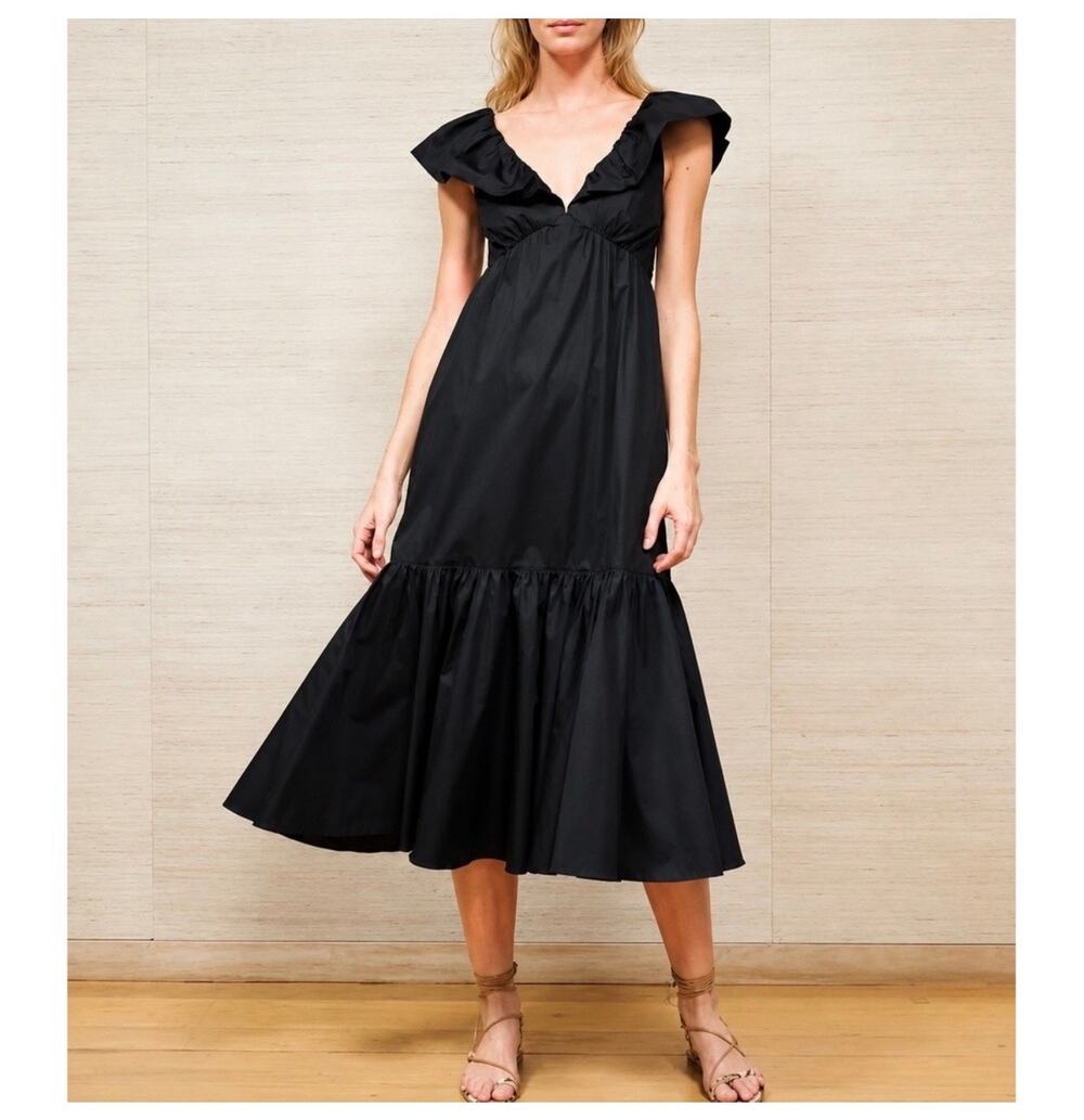 LA LIGNE Marion Ruffle Shoulder V Neck 100% Cotton Poplin Midi Dress Black XL